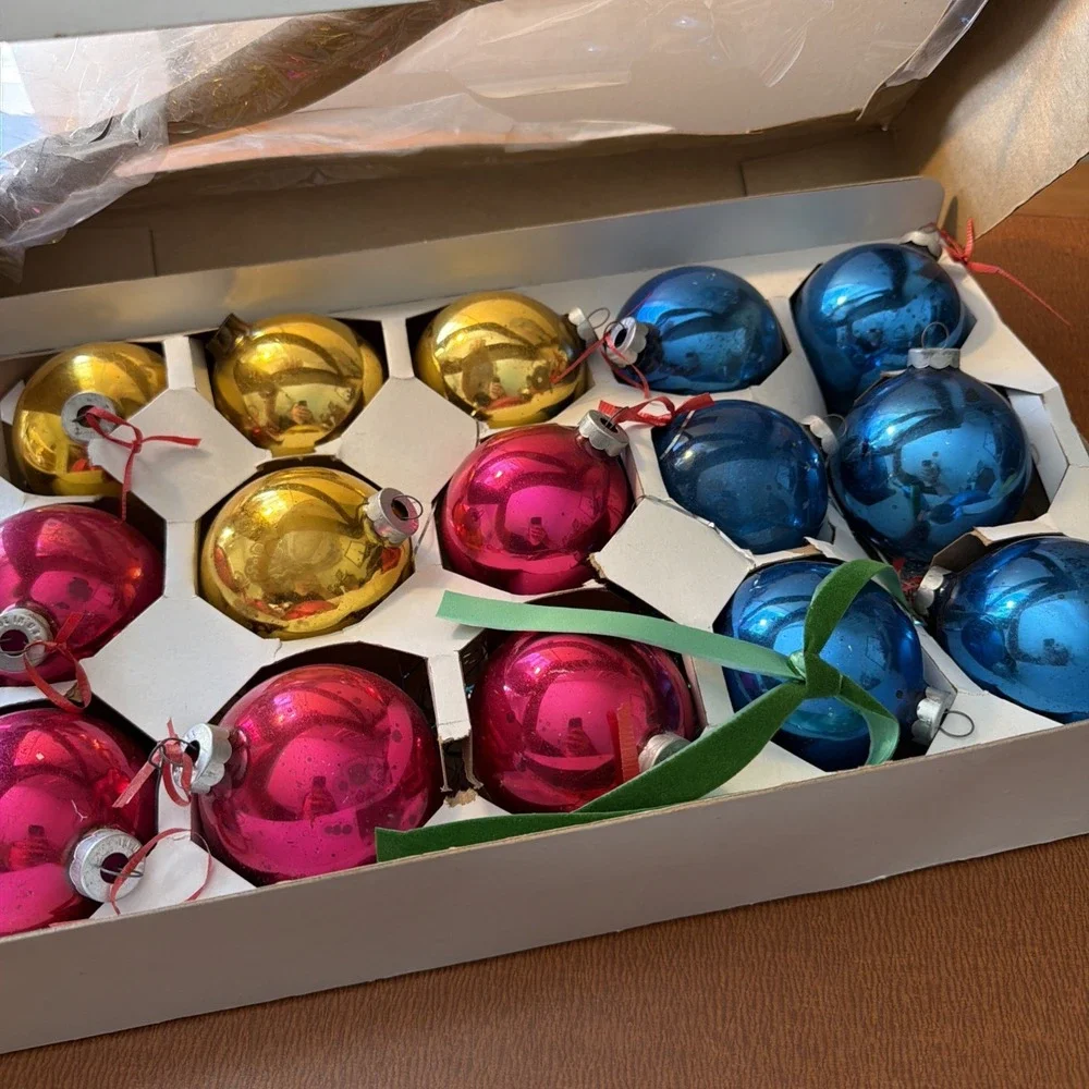 Vtg MCM Woolworth Woolco Multi Colored Glass Ornaments 15 In Box